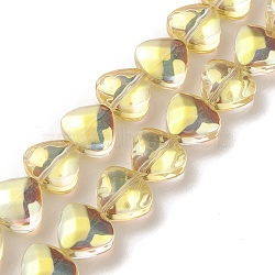 Transparent Electroplate Glass Bead Strands, Half Rainbow Plated, Heart, Light Khaki, 12x13x7mm, Hole: 1mm, about 55pcs/strand, 25.51''(64.8cm)(EGLA-P050-HP01)