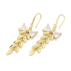 Cubic Zirconia Leaf & Bowknot Dangle Earrings, Brass Long Drop Earrings for Women, Real 18K Gold Plated, 53x16mm(EJEW-G353-06G)