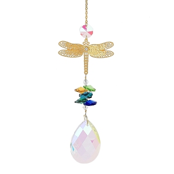 Hollow Alloy Hanging Ornaments, Colorful Glass Octagon Beads & Teardrop Tassel for Home Garden Decorations, Dragonfly, 330mm, pendant: 160x60mm