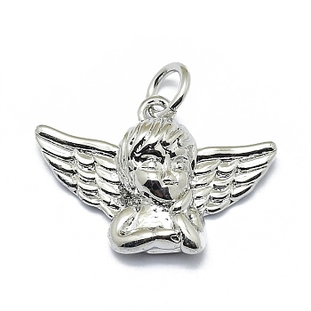 Brass Pendants, Long-Lasting Plated, with Jump Rings, Angel, Platinum, 13.5x19x5mm, Hole: 3mm
