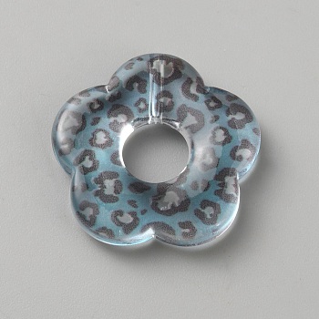 Transparent Leopard Printed Resin Beads, Flower, Half Drilled, Sky Blue, 26x26.5x4.5mm, Hole: 1.6mm