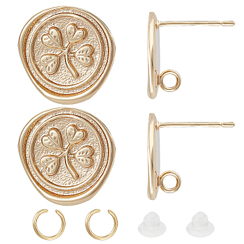 10Pcs Flat Round with Clover Brass Stud Earring Findings, with Vertical Loops & 20Pcs 304 Stainless Steel Jump Rings & 20Pcs Plastic Ear Nuts, Real 18K Gold Plated, 13x13.5mm, Hole: 2mm, Pin: 0.8mm