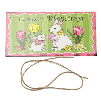 Wooden Wall Ornaments, with Jute Twine, Easter Hanging Decorations, for Party Gift Home Decoration, Rabbit, 10x20x0.2cm, Hole: 4mm