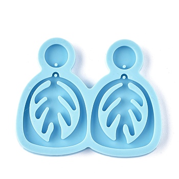 DIY Leaf Dangle Stud Earrings Silicone Molds, Resin Casting Molds, For UV Resin, Epoxy Resin Jewelry Making, Deep Sky Blue, 54x67x4.5mm, Flat Round: 10.5mm, Hole: 0.5mm, Leaf: 34.5x29mm, Hole: 1.2mm