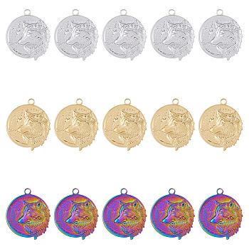 18Pcs 3 Colors 304 Stainless Steel Pendants, Flat Round with Wolf, Mixed Color, 30x25.5x3mm, Hole: 2.5mm, 6pcs/color