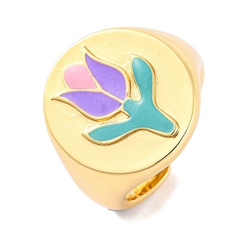 Round with Tulip Brass Enamel Open Cuff Rings, Signet Rings for Women, Lead Free & Cadmium Free, Real 18K Gold Plated, Lilac, 19mm, Adjustable