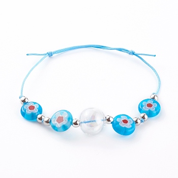 Adjustable Handmade Millefiori Glass Beaded Bracelets, with Glass Globe Beads, Nylon Thread and Brass Beads, Platinum, Light Sky Blue, Inner Diameter: 2 inch(5cm)