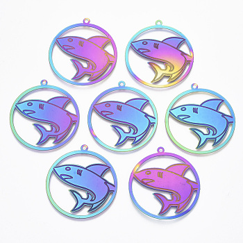 Ion Plating(IP) 304 Stainless Steel Filigree Pendants, Etched Metal Embellishments, Ring with Shark, Rainbow Color, 44x40.5x0.4mm, Hole: 2mm