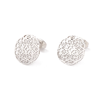 304 Stainless Steel Studs Earrings, Round with Floral Pattern, for Women, Platinum, 13.5mm, Pin: 0.8mm