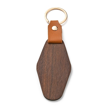 Wooden & Imitation Leather Pendant Keychain, with Iron Rings, Rhombus, 14.5cm