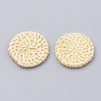 Handmade Spray Painted Reed Cane/Rattan Woven Beads, For Making Straw Earrings and Necklaces, Dyed, Pearlized Effect, Flat Round, No Hole/Undrilled, Lemon Chiffon, 36~46x5~5.5mm