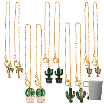 10Pcs 5 Style Alloy Enamel Wine Glass Charms, with Zinc Alloy Lobster Claw Clasps and Brass Cable Chains, Cactus/Coconut Tree, Golden, 21.5~22.3cm, 2pcs/style
