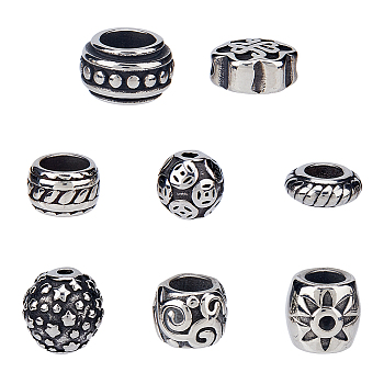 Unicraftale 8Pcs 8 Style 316 Surgical Stainless Steel Beads, Rondelle & Flower & Donut & Column with Flower, Antique Silver, 6.5~12.5x3.5~9mm, Hole: 1.5~7.5mm, 1pc/style