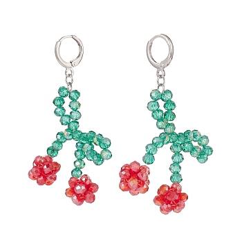 Glass Braided Cherry Long Dangle Leverback Earrings, Platinum Plated Brass Jewelry for Women, Colorful, 60mm, Pin: 0.8mm