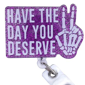 Glittered Plastic Retractable Badge Reel, Card Holders, with Iron Alligator Clips, Word Have The Day You Deserve, Dark Violet, 90mm, Word: 37.5x53mm