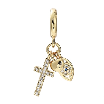 Rack Plating Eco-Friendly Brass Pave Clear Cubic Zirconia European Dangle Charms, Cross Heart Evil Eye Large Hole Pendants, Cadmium Free & Lead Free, Long-Lasting Plated, Real 18K Gold Plated, 29.5mm, Cross: 17x7x2mm, Eye: 12x5x2.5mm, Heart: 7x5.5x2mm