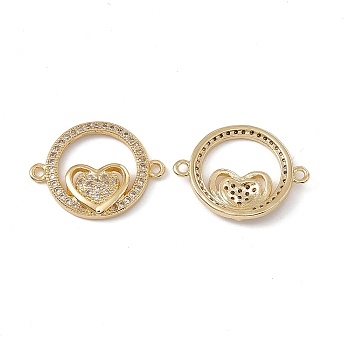 Brass Micro Pave Clear Cubic Zirconia Connector Charms, Ring with Heart Links, Real 18K Gold Plated, 16x21.5x3mm, Hole: 1.4mm