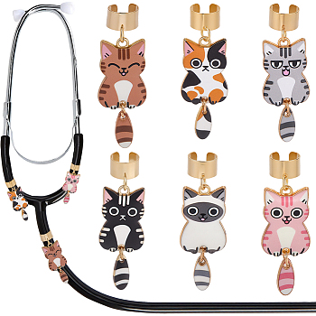 6Pcs 6 Colors Alloy Enamel Stethoscope Pendant Decorations, Cat Shape, with 304 Stainless Steel Findings, Mixed Color, 47mm, 1pc/color