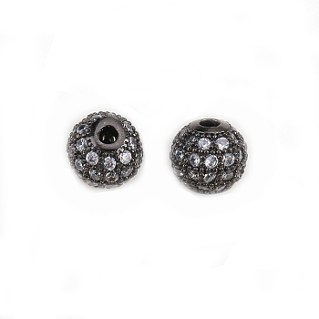 Round Brass Micro Pave Cubic Zirconia Beads, Clear, Gunmetal, 6mm, Hole: 1.8mm