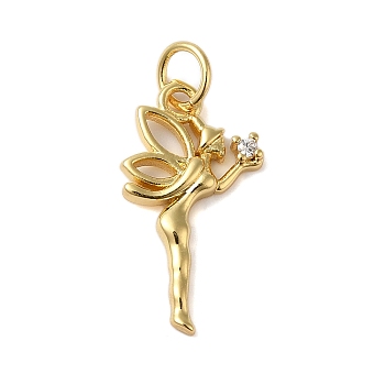 Rack Plating Brass & Clear Cubic Zirconia Pendants, Cadmium Free & Lead Free, Long-Lasting Plated, Butterfly fairy, with Jump Ring, Real 18K Gold Plated, 18.5x10x2mm, Hole: 5mm