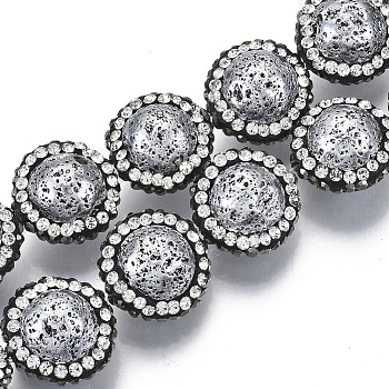 Synthetic Lava Rock Beads, with Polymer Clay Rhinestone, Dyed,  Flat Round, Silver, PP11(1.7~1.8mm), 14~16x11mm, Hole: 0.6mm