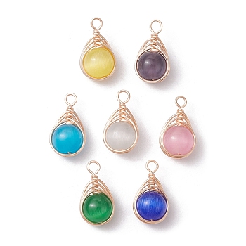 7Pcs 7 Color Cat Eye Pendants, with Golden Copper Wire Wrapped, Teardrop Charms, Mixed Color, 16.5~17x9x8mm, Hole: 2mm, 1Pc/color