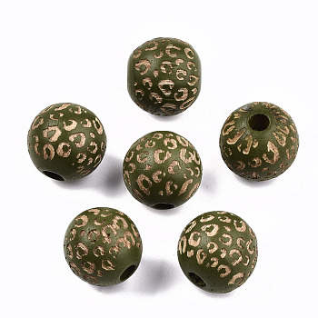 Painted Natural Wood Beads, Macrame Beads Large Hole, Laser Engraved Pattern, Round with Leopard Print, Dark Olive Green, 15~16x15mm, Hole: 4mm