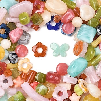 178Pcs Opaque & Transparent Acrylic Beads, Mixed Shapes, Mixed Color, 7.5~28x5~17x3~13mm, Hole: 1~1.3mm