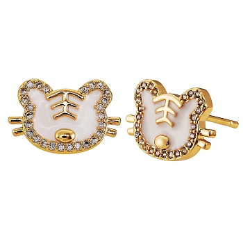 Tiger Chinese Zodiac Cubic Zirconia Stud Earrings, Brass Earrings for Women, Golden, 9x15mm, Pin: 0.7mm
