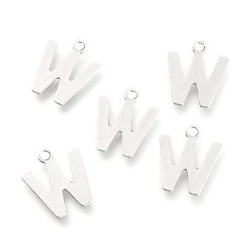 201 Stainless Steel Charms, Alphabet, Letter.W, 12x10.1x0.6mm, Hole: 1.4mm