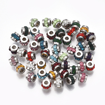 201 Stainless Steel Rhinestone Beads, Column, Mixed Color, Stainless Steel Color, 5x4mm, Hole: 1.8mm