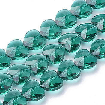 Transparent Glass Beads, Faceted, Heart, Light Sea Green, 14x14x8.5mm, Hole: 1mm