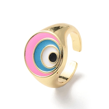Evil Eye Rack Plating Brass Enamel Cuff Ring for Women, Wide Band Open Finger Ring, Lead Free & Cadmium Free, Real 18K Gold Plated, Pearl Pink, Inner Diameter: US Size 7(17.3mm)