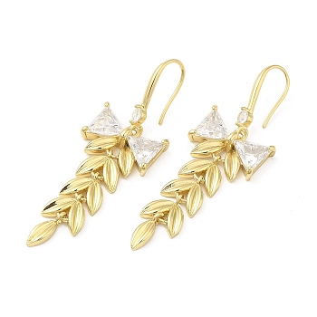 Cubic Zirconia Leaf & Bowknot Dangle Earrings, Brass Long Drop Earrings for Women, Real 18K Gold Plated, 53x16mm