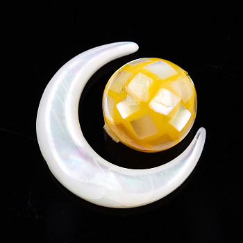 Natural Natural White Shell Beads, with Natural Yellow Shell Beads, Moon with Round, Moon: 15x12.5x3.5mm, Round: 8mm, Hole: 0.8mm, about 2pcs/set