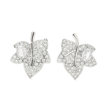 Rack Plating Brass Micro Pave Clear Cubic Zirconia Stud Earrings for Women, Cadmium Free & Lead Free, Long-Lasting Plated, Maple Leaf, Platinum, 14.8x12.5mm