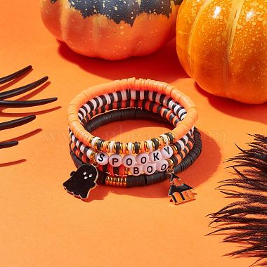 4 pièces 4 style polymère argile heishi surfeur bracelets extensibles ensemble avec mot spooky boo perles acryliques(BJEW-TA00127)-2