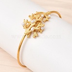 304 Stainless Steel Imitation Pearl Cuff Bangles, Terminal Bangles for Women, Imitation Coral, Ion Plating(IP), Long-Lasting Plated, Golden, Inner Diameter: 1.89x2.28inch(4.8x5.8cm)(BJEW-Z166-06G)