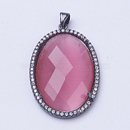 Brass Cat Eye Pendant, with Micro Pave Cubic Zirconia, Faceted, Long-Lasting Plated, Oval, Hot Pink, Gunmetal, 36x23.5x6mm, Hole: 3.5x4mm(ZIRC-G112-L02-B)