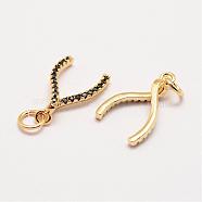 Brass Micro Pave Grade AAA Cubic Zirconia Pendants, Long-Lasting Plated, Wishbone, Cadmium Free & Nickel Free & Lead Free, Real 18K Gold Plated, 17x10x4mm, Hole: 3mm(ZIRC-G090-46G-NR)
