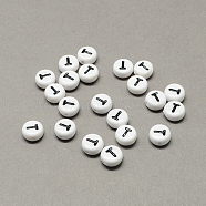 White and Black Acrylic Horizontal Hole Letter Beads, Flat Round with Letter.T, 7x4mm, Hole: 1.3mm, about 3600pcs/500g(SACR-Q101-01T)