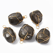 Natural Chalcopyrite Pendants, with Golden Plated Brass Wire Wrapped, Nuggets, 14~25x15~32x13~21mm, Hole: 4mm(G-N332-50-08)