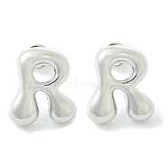 Rack Plating Brass Earrings, Cadmium Free & Lead Free, Long-Lasting Plated, Stud Earrings, Alphabet, Platinum, Letter R, 14x12mm(EJEW-S222-01P-R)