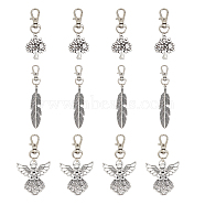 12Pcs 3 Style Tibetan Style Alloy Keychain, with Swivel Lobster Claw Clasps and Iron Open Jump Rings, Tree of Life & Angel & Leaf/Feather, Antique Silver, 60~94mm, Hole: 10.5x6.4mm, 4pcs/style(HJEW-HY0001-03)