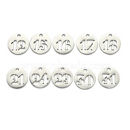304 Stainless Steel Pendants, Cut-Out, Hollow, Flat Round with Number, Stainless Steel Color, Mixed, 19x1.5mm, Hole: 2.5mm(X-STAS-F233-M-P)