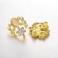 Golden Plated Flower Alloy Multi-Strand Rhinestone Links, with Cat Eye Cabochons, Crystal, 32.5x29x4.5mm, Hole: 3mm(RB-J444-01G)