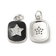 Brass Micro Pave Cubic Zirconia Pendants, with Enamel & Jump Ring, Rectangle with Star Charm, Platinum, Black, 16x11x2mm, Hole: 2.5mm(KK-E068-VB443-2)
