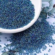 MIYUKI Round Rocailles Beads, Japanese Seed Beads, (RR339) Blue Lined Aqua AB, 11/0, 2x1.3mm, Hole: 0.8mm, about 1100pcs/bottle, 10g/bottle(SEED-JP0008-RR0339)