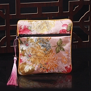 Square Chinese Style Cloth Tassel Bags, with Zipper, for Bracelet, Necklace, Pink, 11.5x11.5cm(PW-WG62144-09)