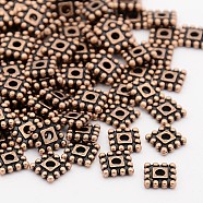 Tibetan Style Alloy Spacer Beads, Cadmium Free & Nickel Free & Lead Free, Square, Red Copper, 7x7x2mm, hole: 2mm(TIBEB-P002-02R-NR)